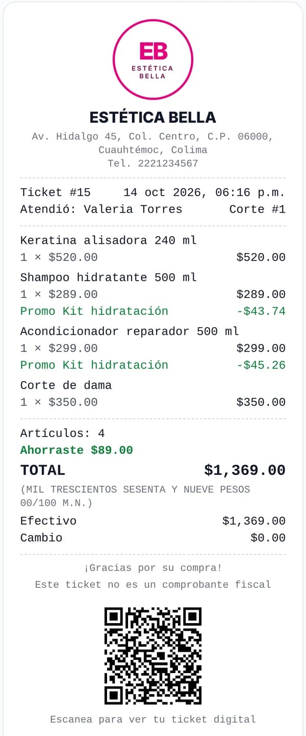 Ticket de venta de una estética con su logo